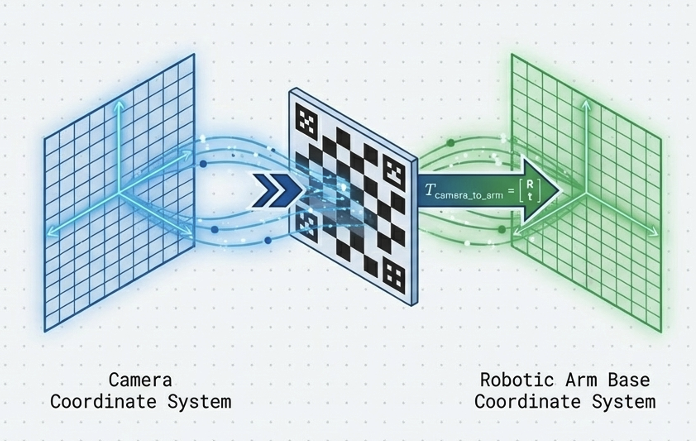 Team member using the calibration board with the robot and camera for coordinate alignment.